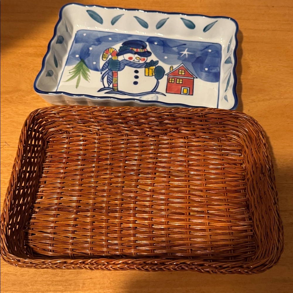 Vintage snowman ceramic dish in a woven basket